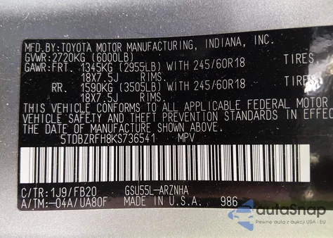 2019 Toyota Highlander Le z USA, uszkodzony, nr VIN 5TDBZRFH8KS736541